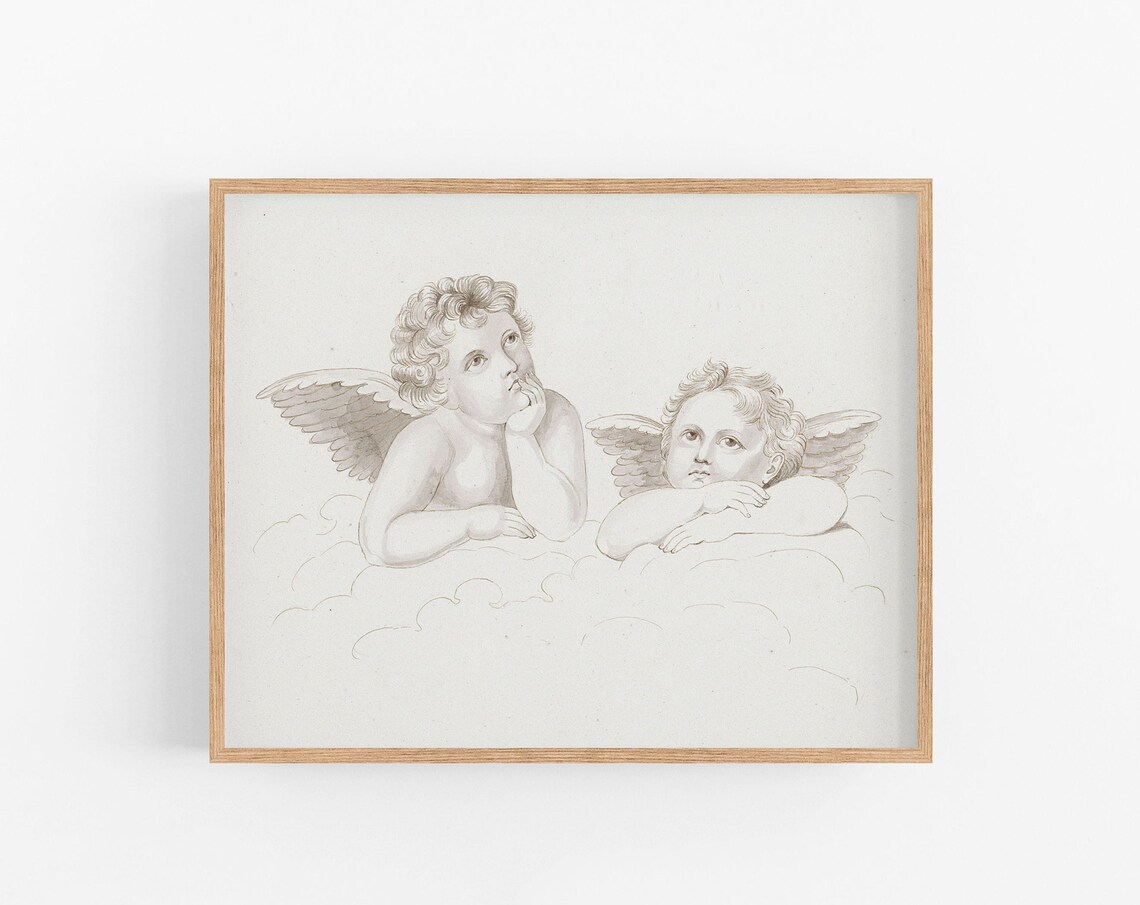 Two Cherub Angels Clouds Sepia Sketch Renaissance Style Art Print