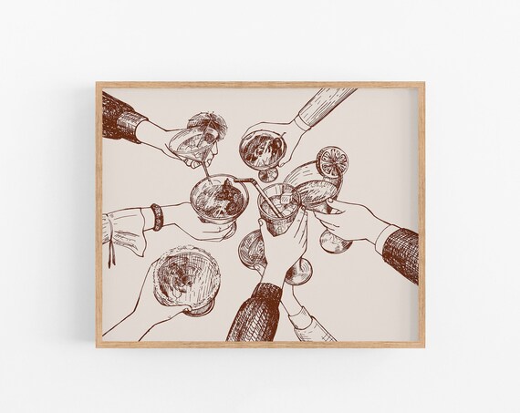 Cheers Cocktail Toast Friends Vintage Sepia Ink Bar Cart Print