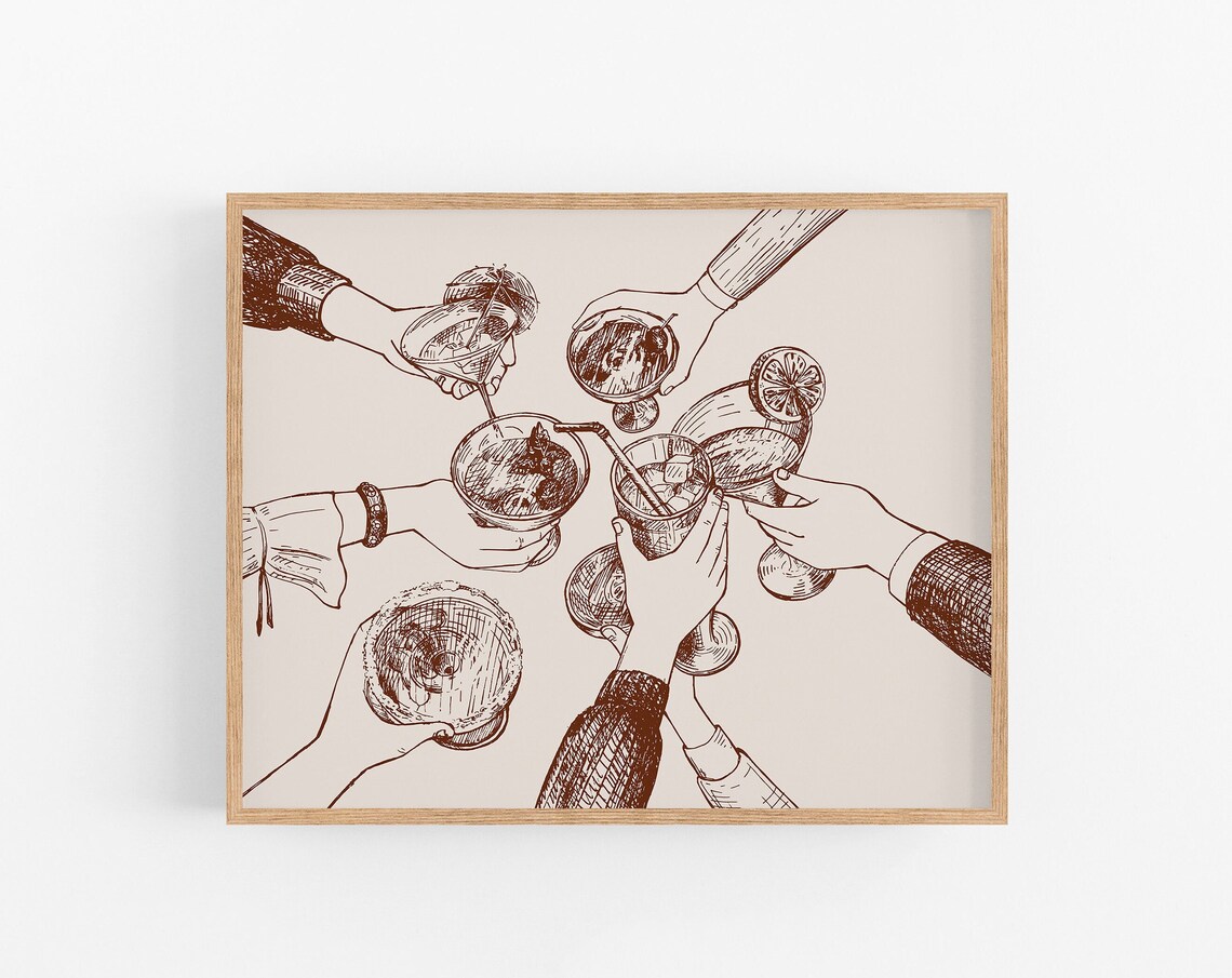 Cheers Cocktail Toast Friends Vintage Sepia Ink Bar Cart Print