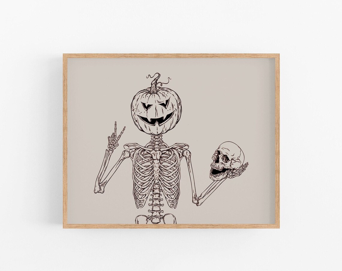 Pumpkin Head Skeleton Peace Sign Spooky Halloween Line Art Print