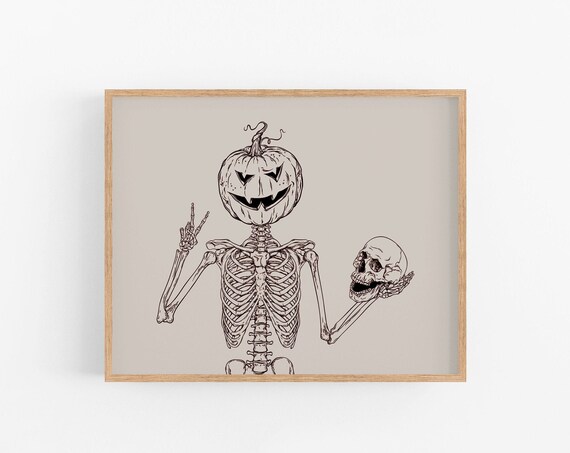 Pumpkin Head Skeleton Peace Sign Spooky Halloween Line Art Print