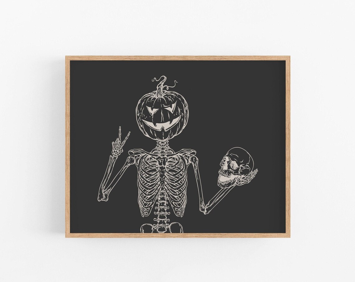 Pumpkin Head Skeleton Peace Sign Spooky Halloween Line Art Poster