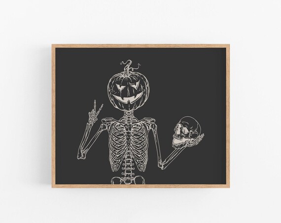 Pumpkin Head Skeleton Peace Sign Spooky Halloween Line Art Poster