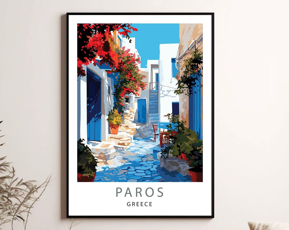 Paros Greece Whitewashed Alley Blue Doors Flowers Travel Poster