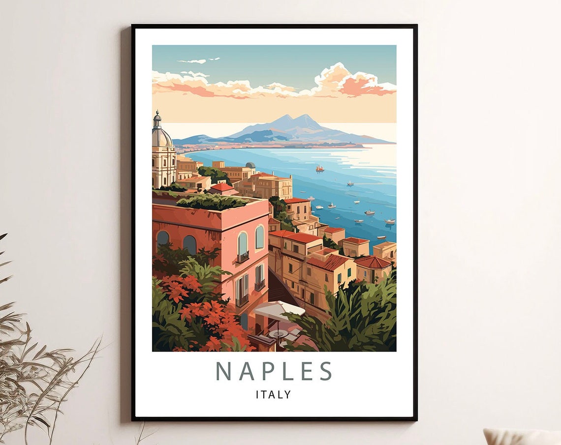 Naples Italy Bay Vesuvius View Hillside Town Scene Travel Poster