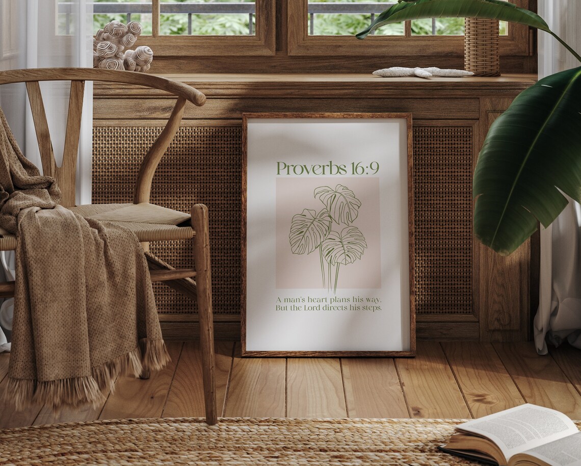 Proverbs 16:9 A Mans Heart Plans His Way Monstera Botanical Scripture Poster - Image 7