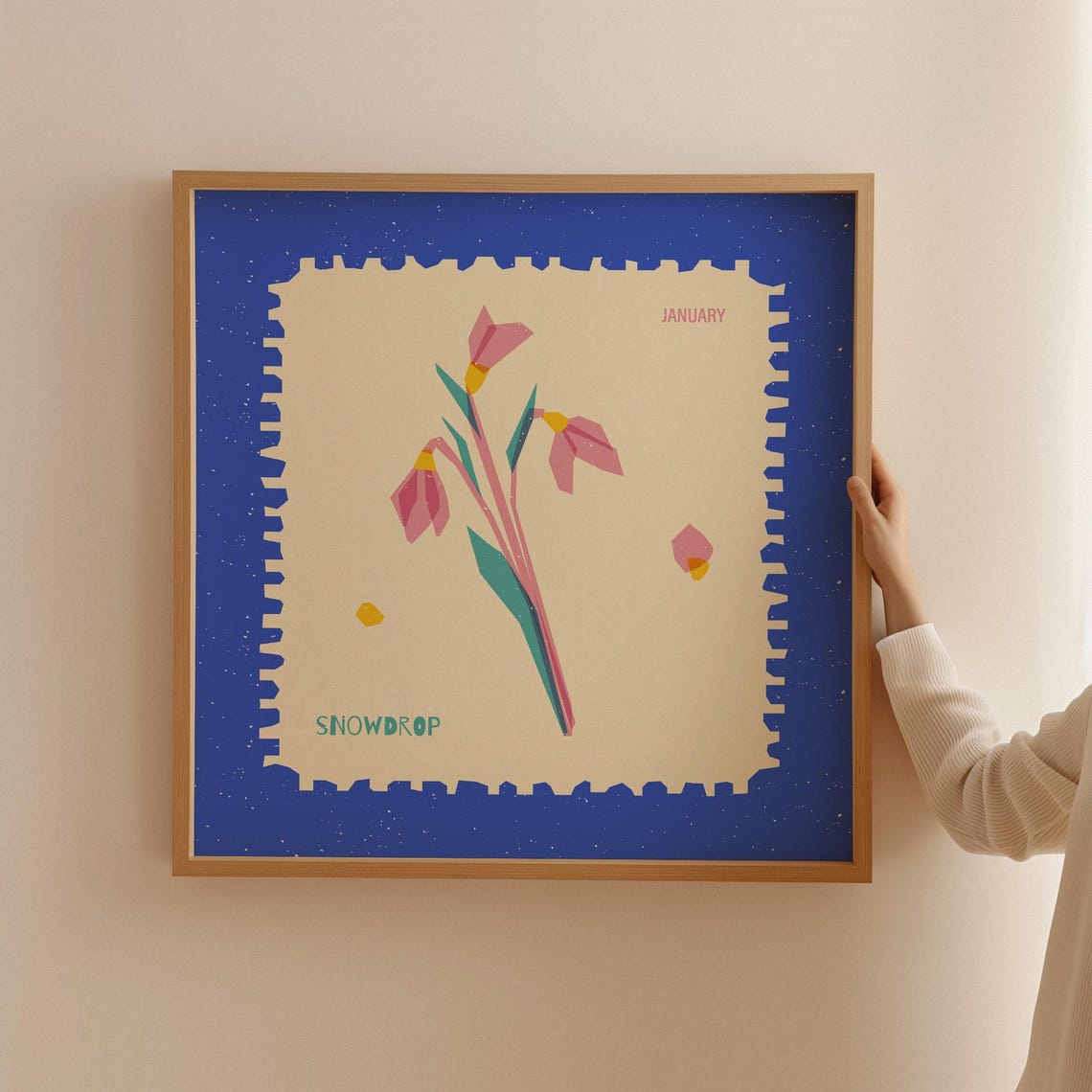 Snowdrop January Birth Flower Stamp Style Deep Blue Floral Art Poster