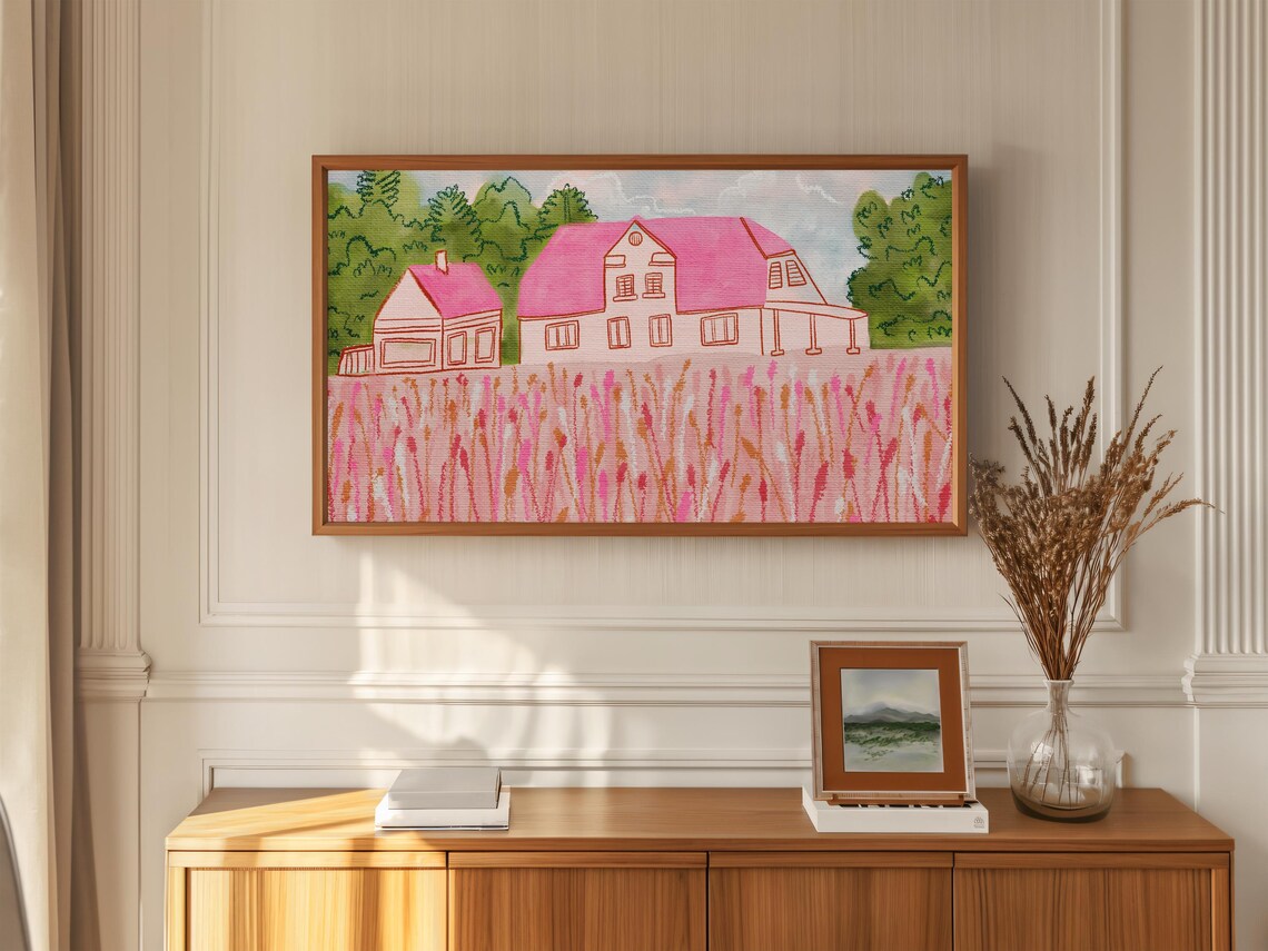 Pink House Cottagecore Painting Wildflower Field Whimsical Poster