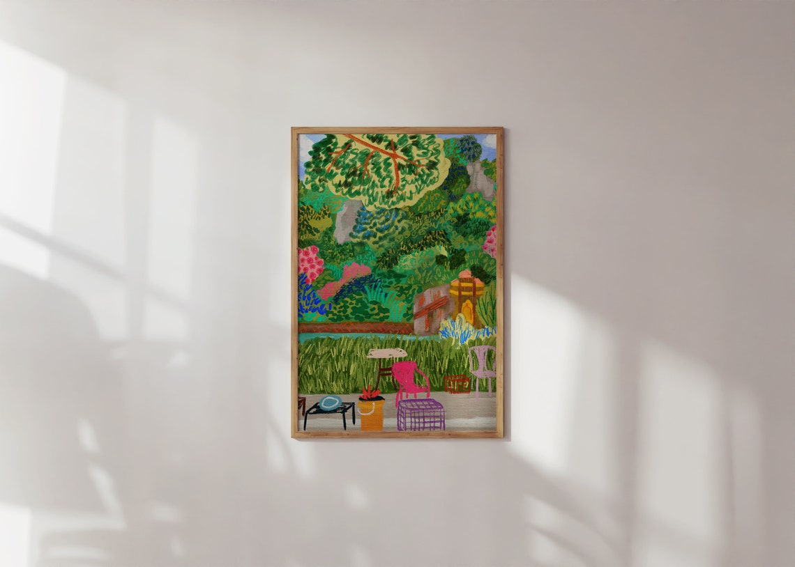 Colorful Garden Patio Folk Art Vibrant Green Landscape Wall Art