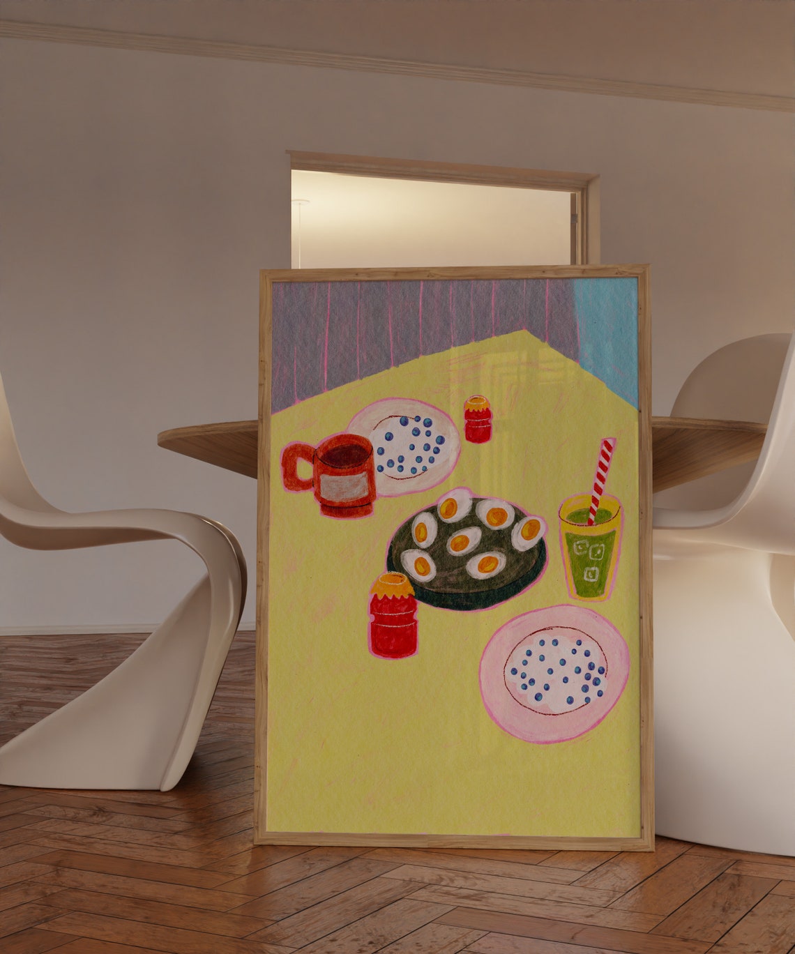 Colorful Breakfast Tablescape Painting Eggs Coffee Kitchen Art Poster