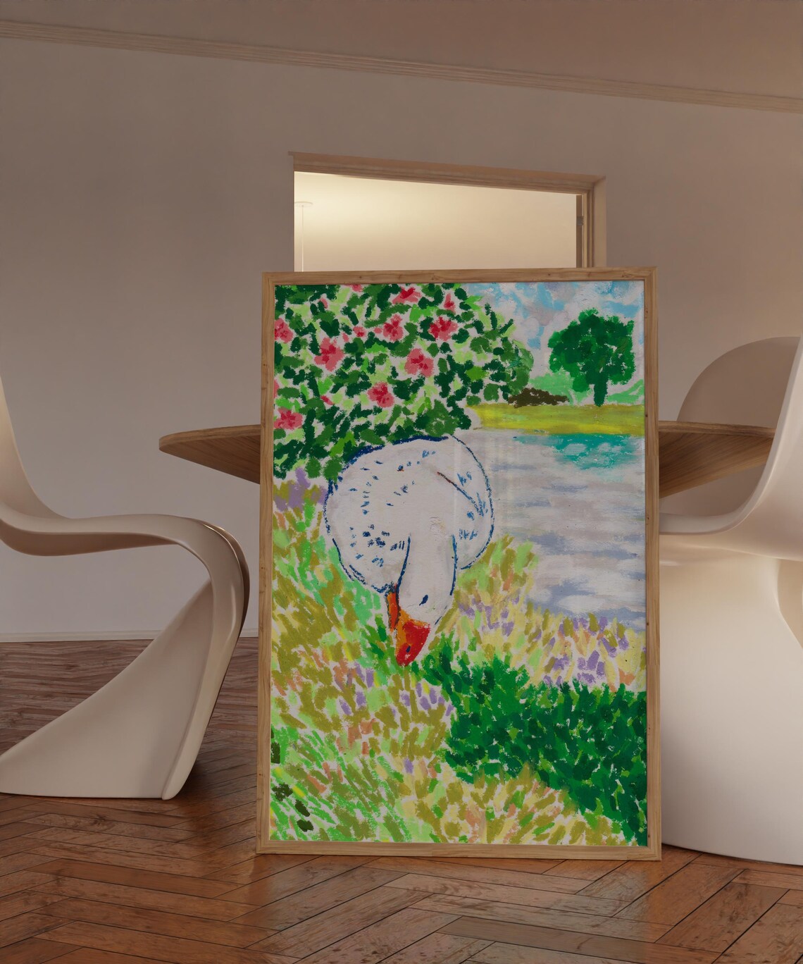 Goose in Backyard Art Print, Colorful Animal Poster