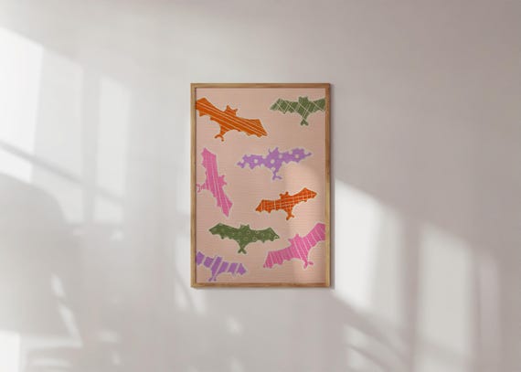 Playful Bat Trendy Art Dopamine Halloween Print Colorful Wall Decor