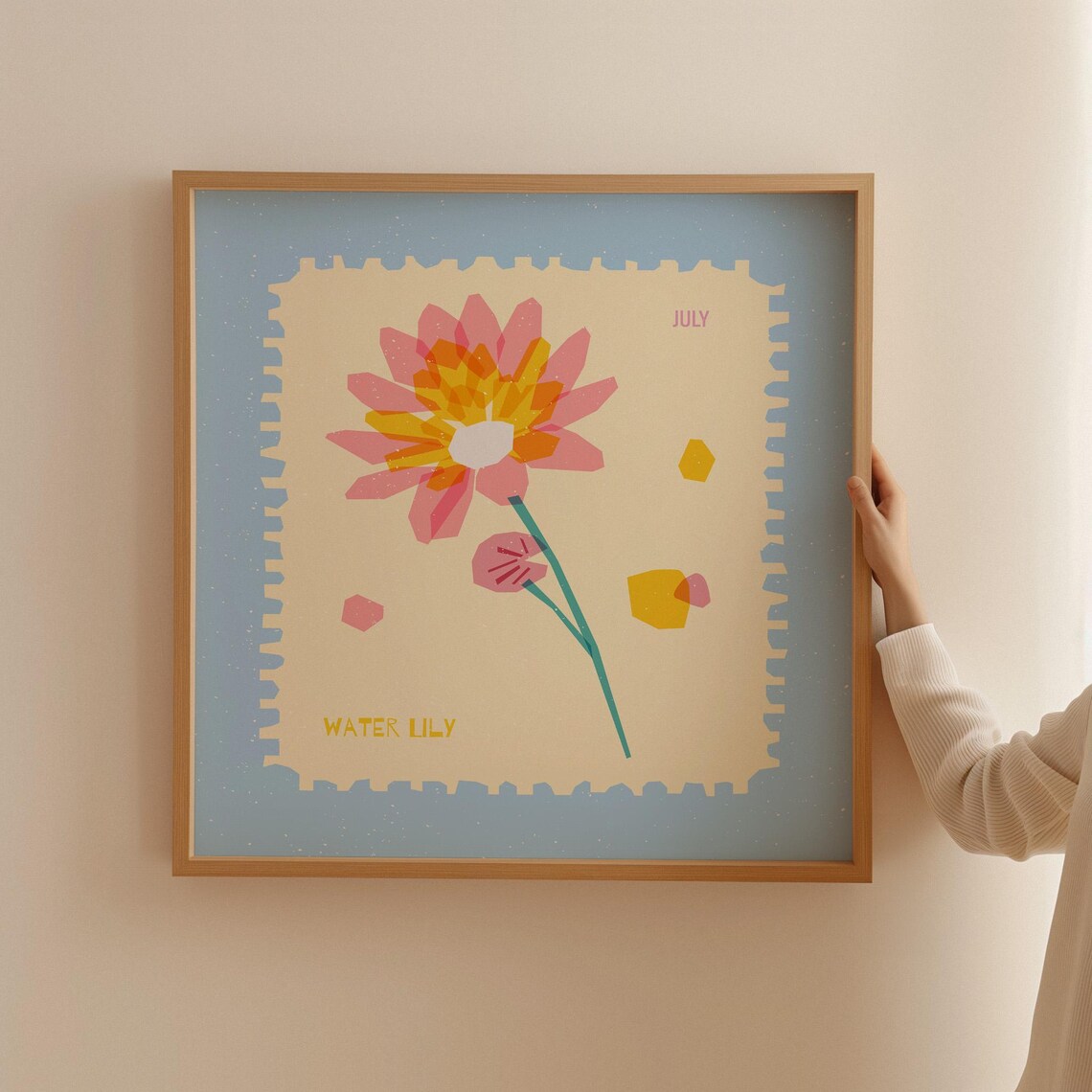 July Water Lily Birth Month Flower Stamp Style Floral Art Poster