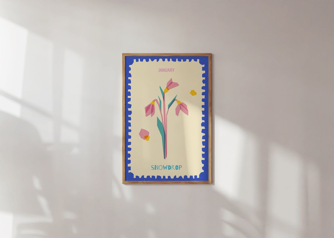 January Snowdrop Birth Flower Stamp Style Botanical Art Poster