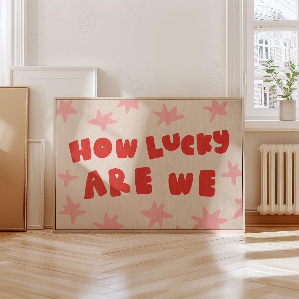 How Lucky Are We Red Hand Drawn Typography Pink Stars Wall Poster