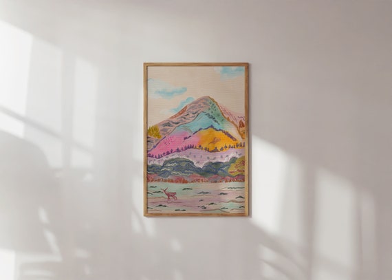 Colorful Mountain Scenery Art Print With Deer