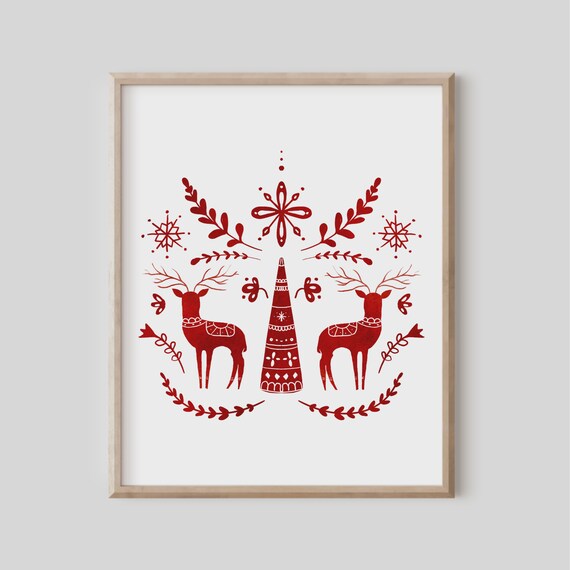 Christmas Scandinavian Folk Art Red Reindeer Nordic Holiday Decor Poster