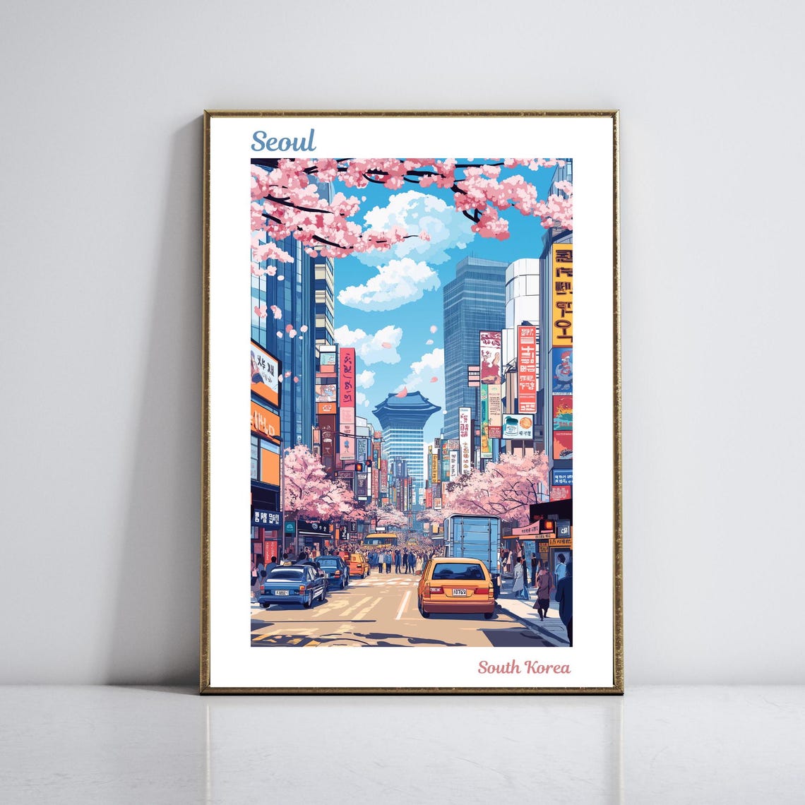 Seoul South Korea Cherry Blossom Downtown Street Travel Poster