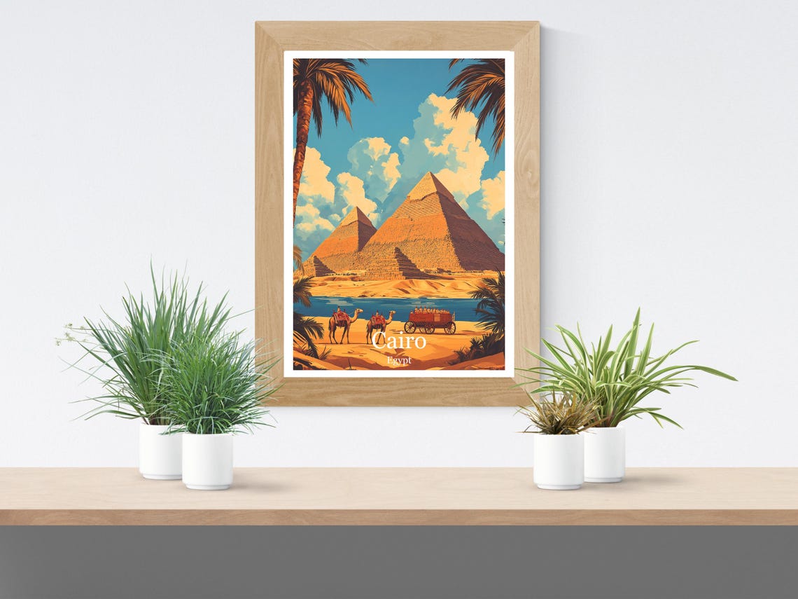 Cairo Egypt Giza Pyramids with Camels in the Desert Sun Poster - Image 2