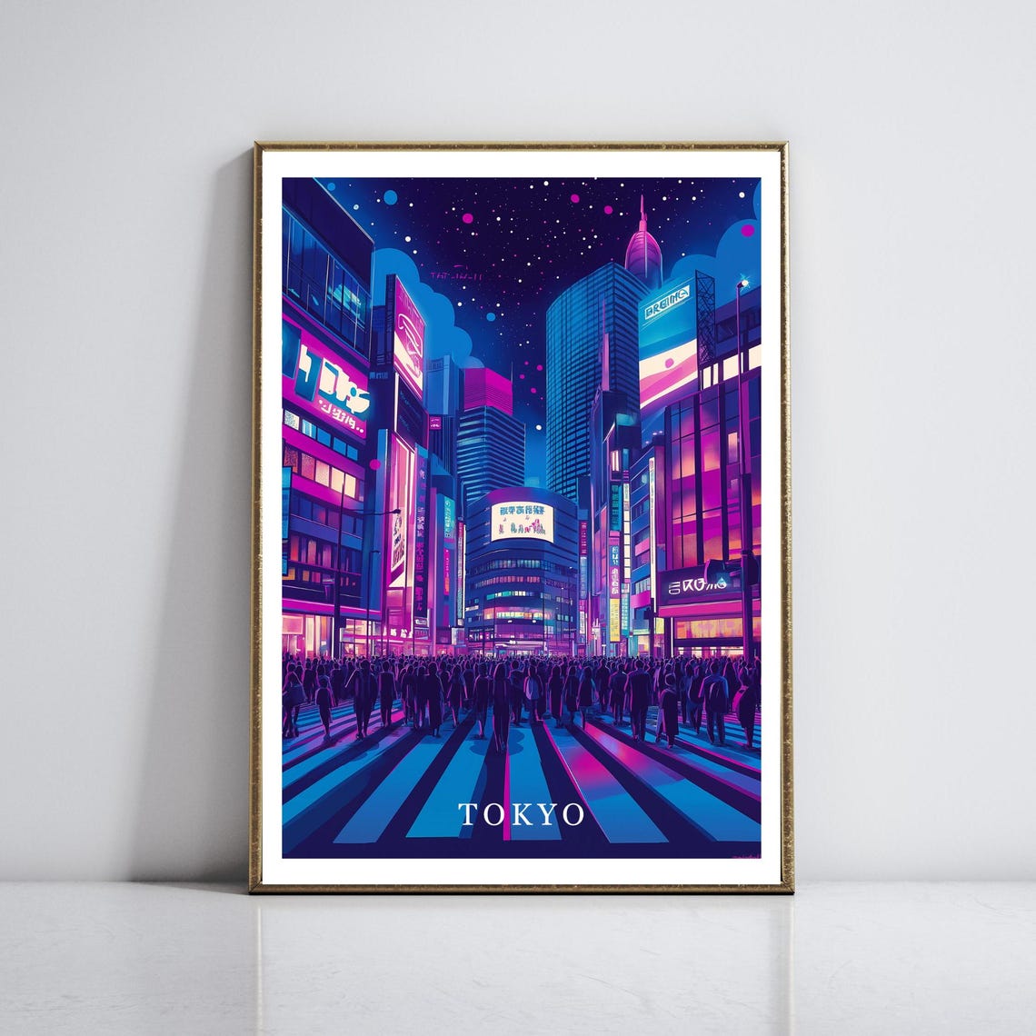 Tokyo Japan Neon Night Cityscape with Crowded Crossing Poster