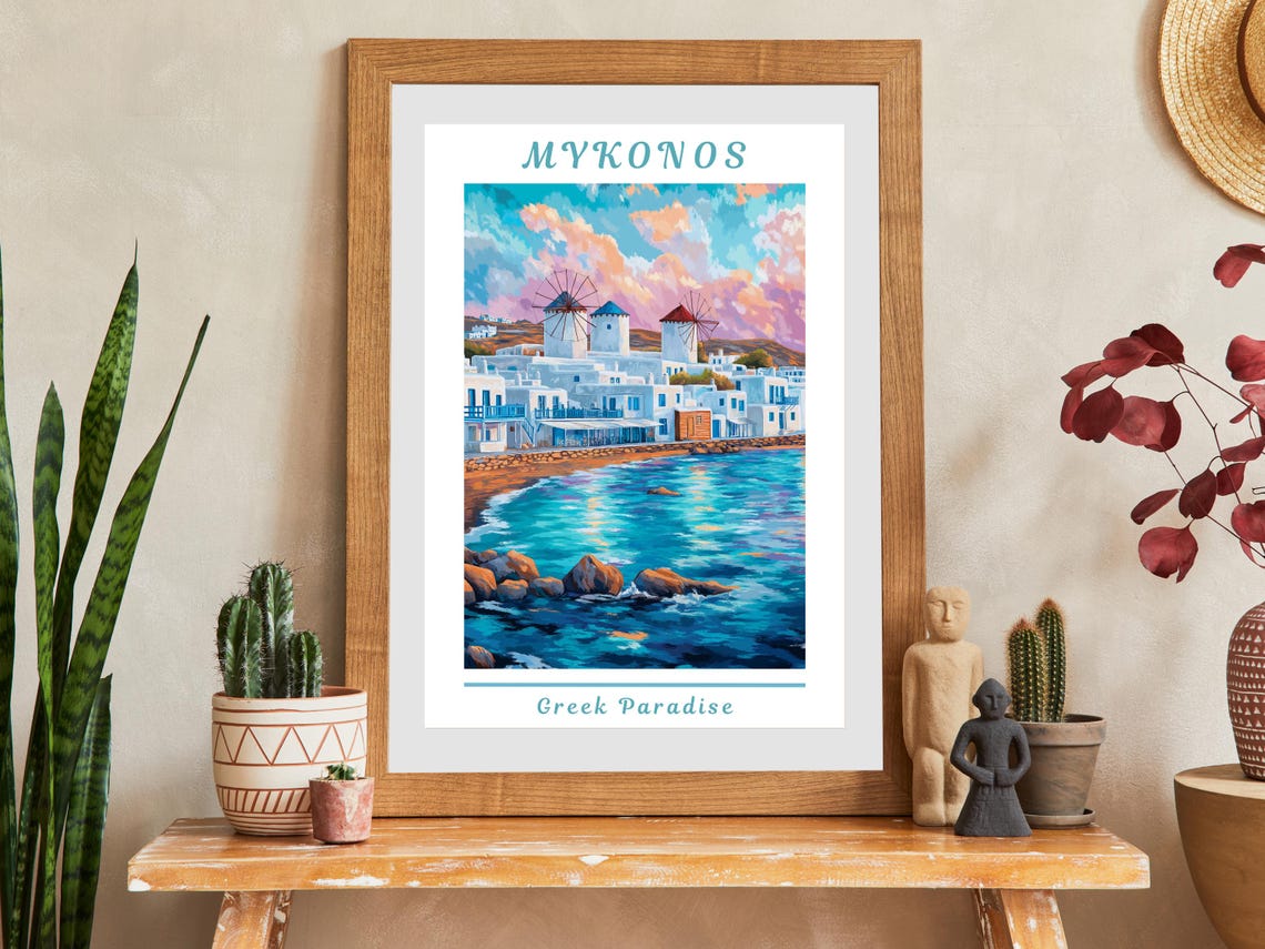Mykonos Greece Island Windmills Charming Turquoise Bay Travel Poster - Image 2