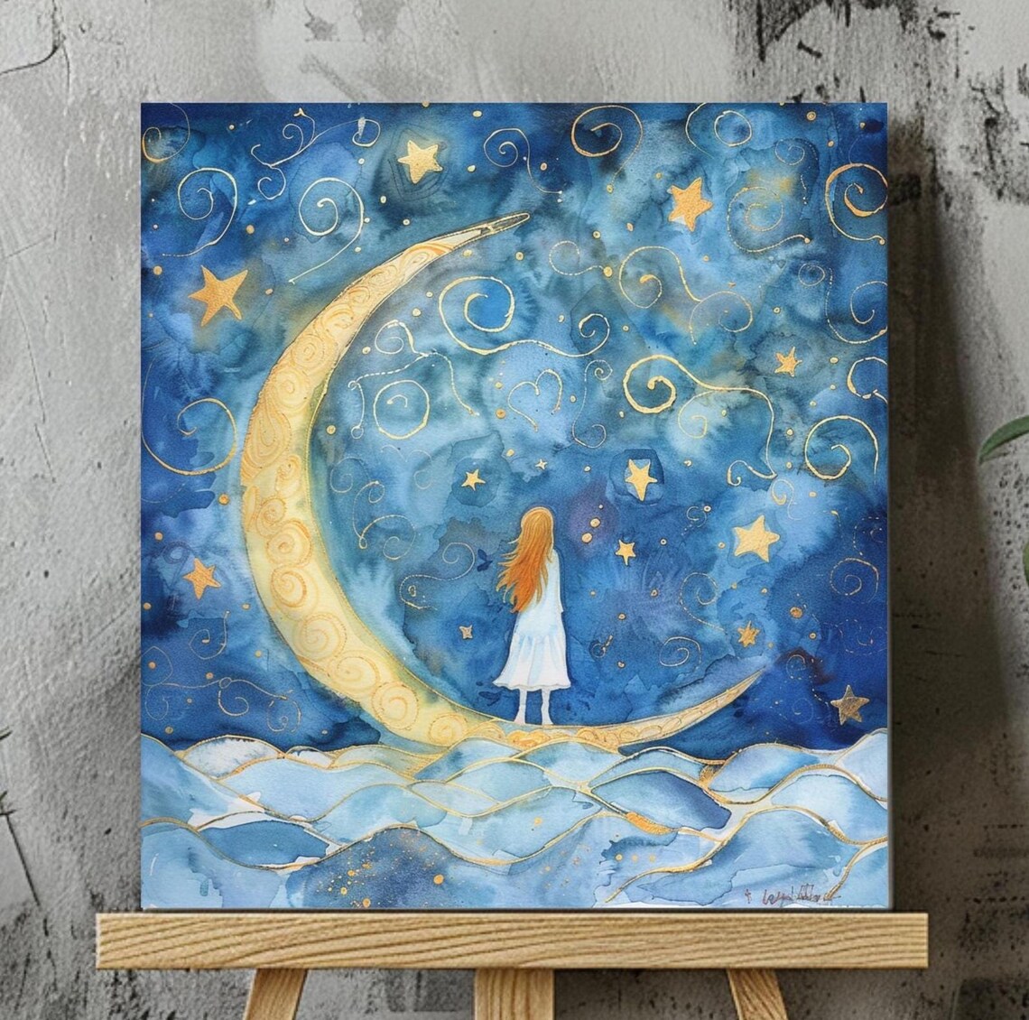 Moon And Girl, Dreamy Cosmic Night Sky Art