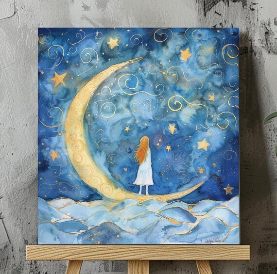 Moon And Girl, Dreamy Cosmic Night Sky Art Print