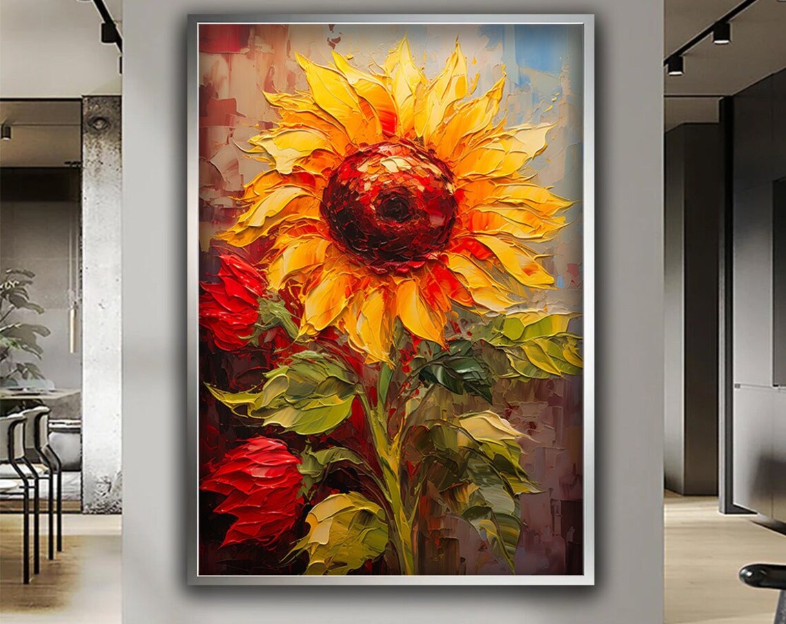 Yellow Sunflower Impasto Oil Painting Textured Floral Wall Art Poster