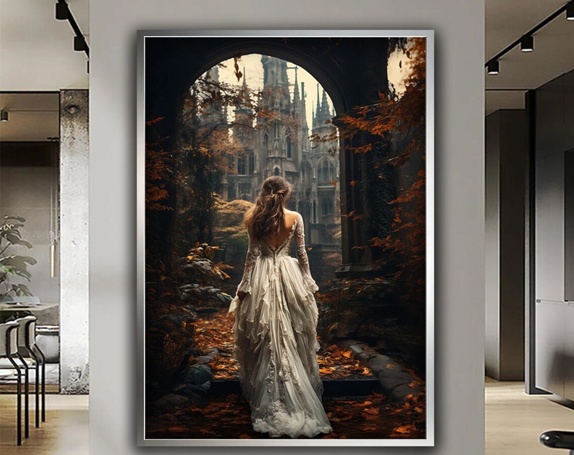 Woman White Dress Gothic Cathedral Autumn Archway Moody Art Print