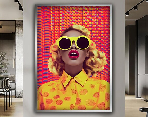 Pop Art Woman Yellow Round Sunglasses Retro Red Background Poster