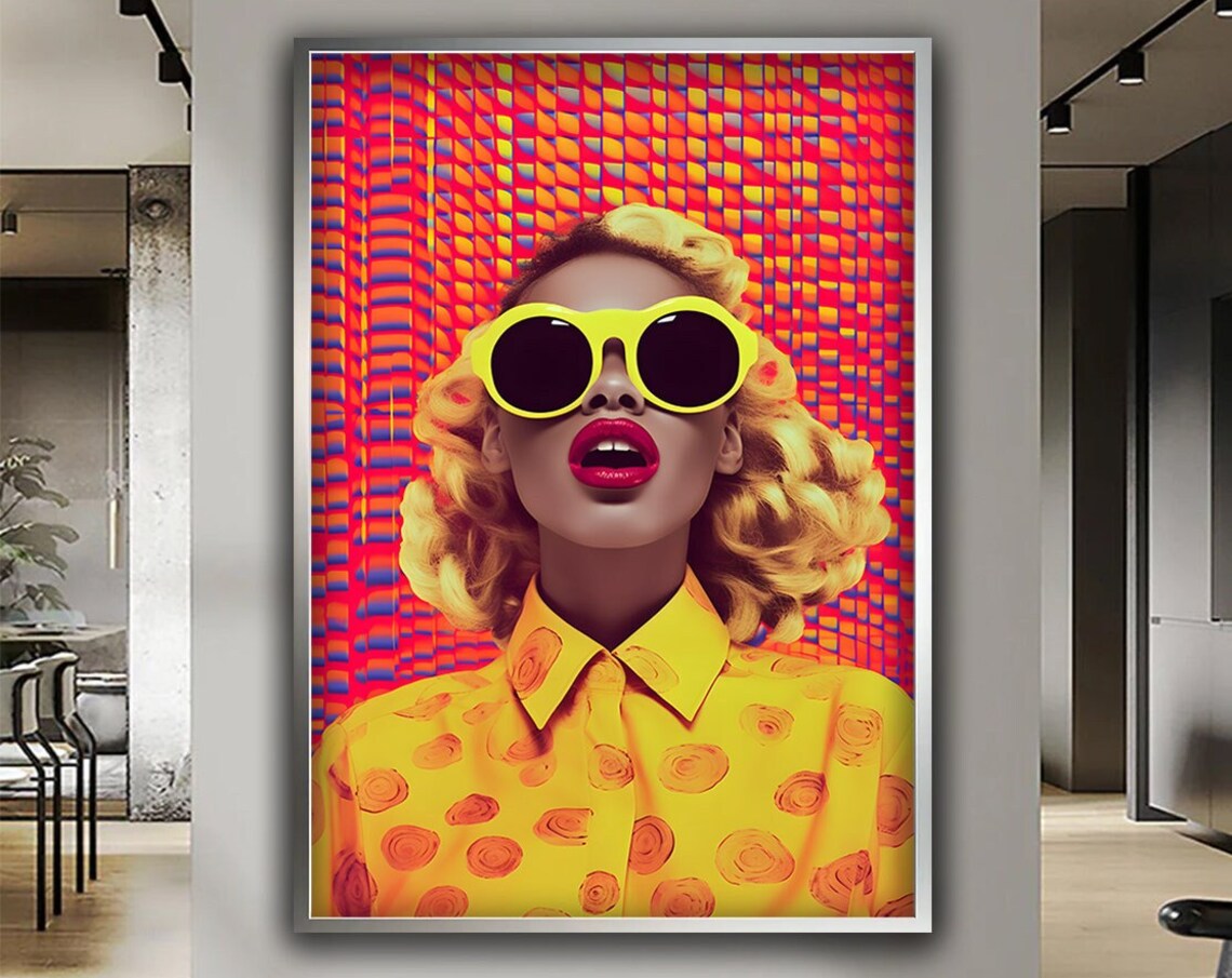 Pop Art Woman Yellow Round Sunglasses Retro Red Background Poster