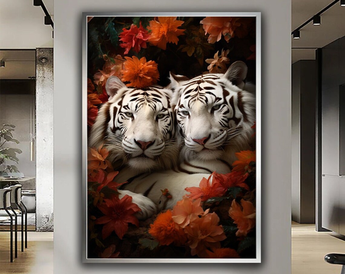 Two White Tigers Lying Together Among Orange Flowers Art Poster