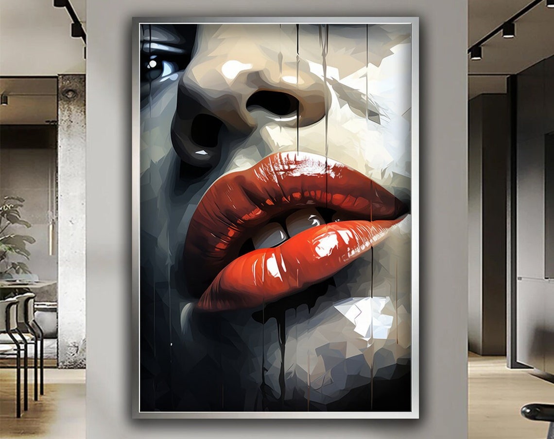 Red Lips Woman Face Close Up Geometric Modern Glamour Art Poster