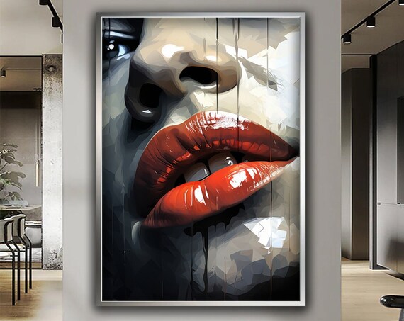 Red Lips Woman Face Close Up Geometric Modern Glamour Art Poster