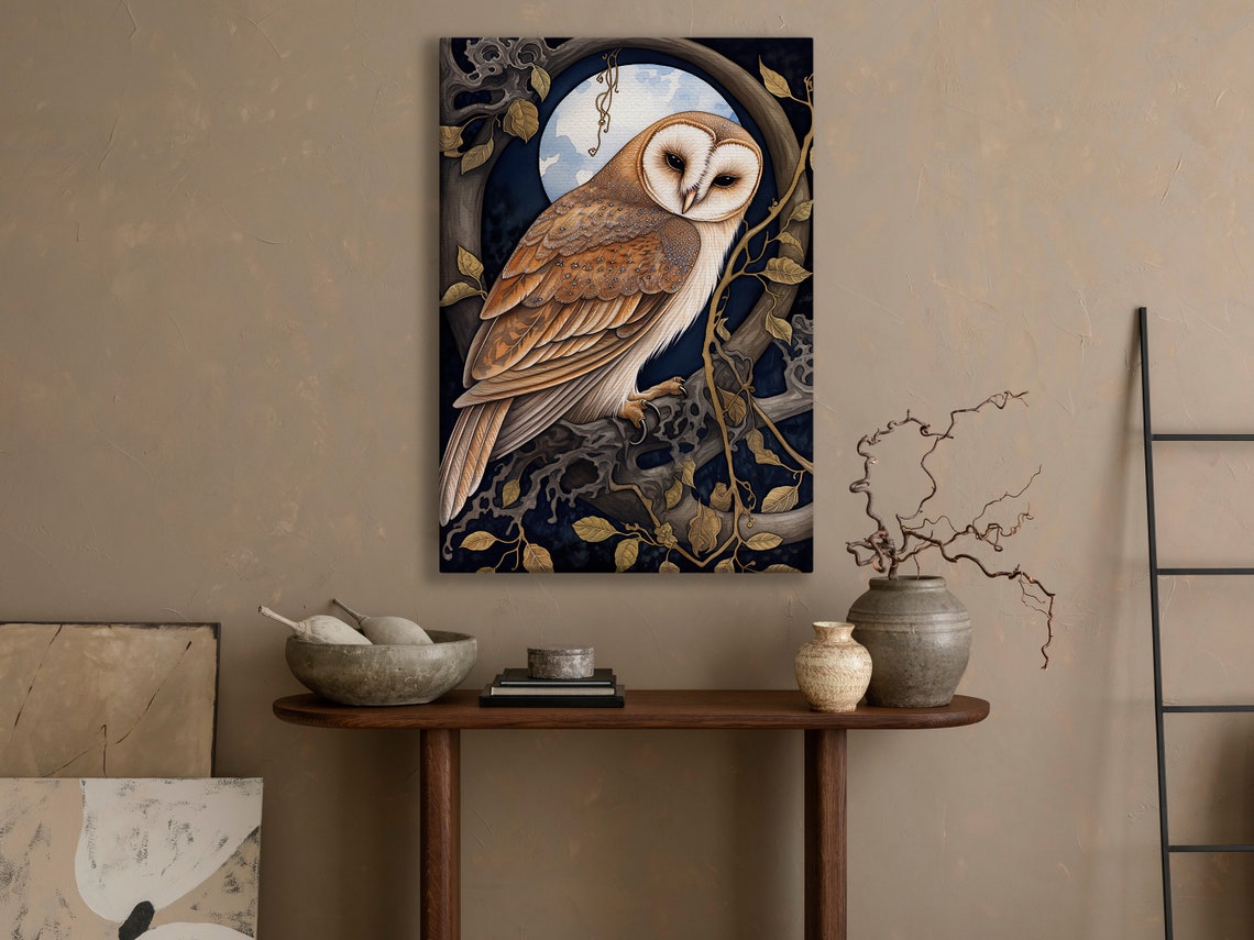 Barn Owl Under Full Moon Golden Branch Vintage Gothic Art Poster - Image 4