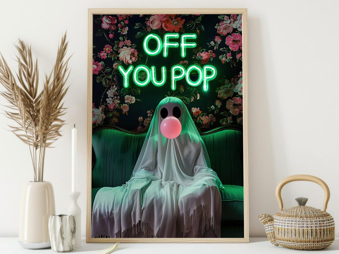 Funny Ghost Blowing Pink Bubble Gum Off You Pop Neon Sign Art Poster - Image 4