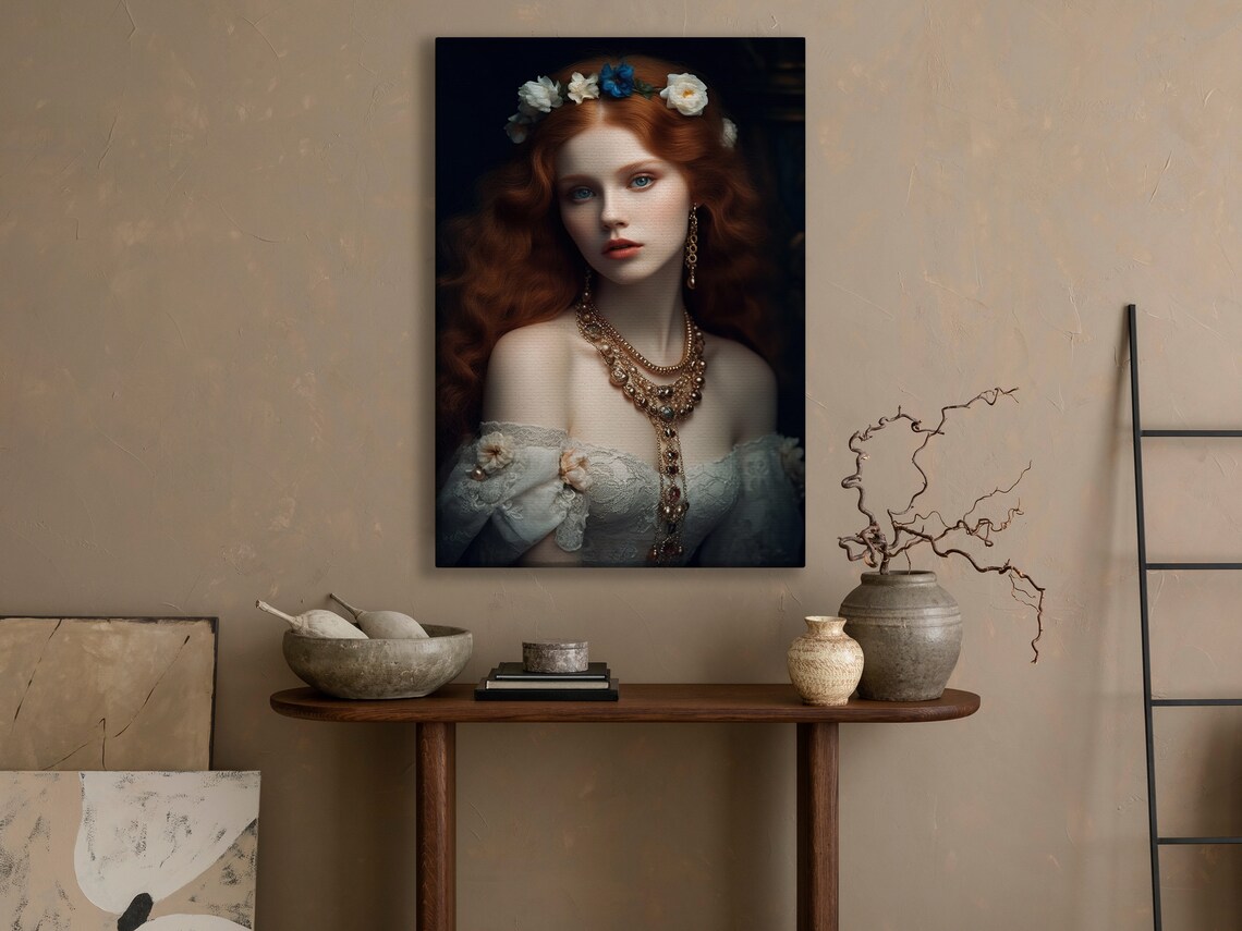 Red Haired Victorian Beauty Floral Crown Jewelry Portrait Poster - Image 4