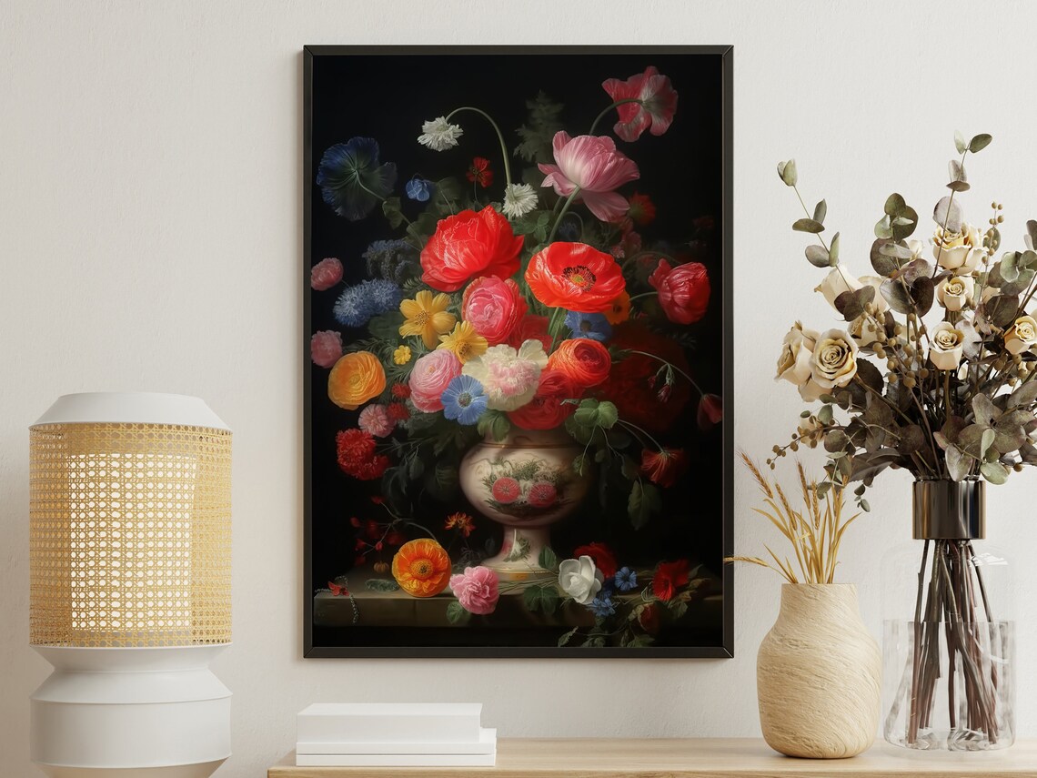 Dutch Masters Floral Bouquet Red Poppies Black Background Poster