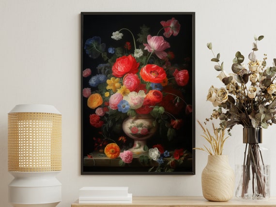 Vintage Flower Vase Painting Flower Art Print Cottage Flowers Print Gothic Art Print Dark Academia Art Rustic Flowers Poster
