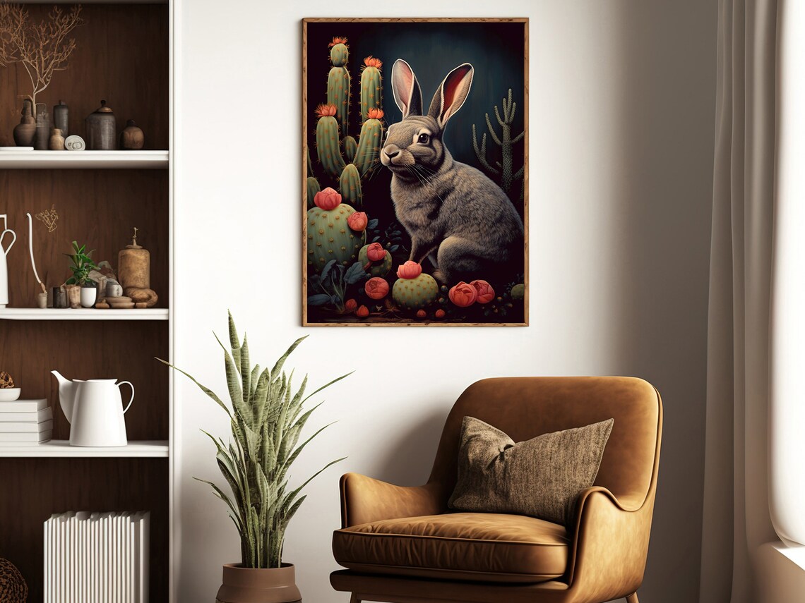 Desert Rabbit Cactus Garden Dark Vintage Wildlife Bunny Painting Art Poster - Image 2