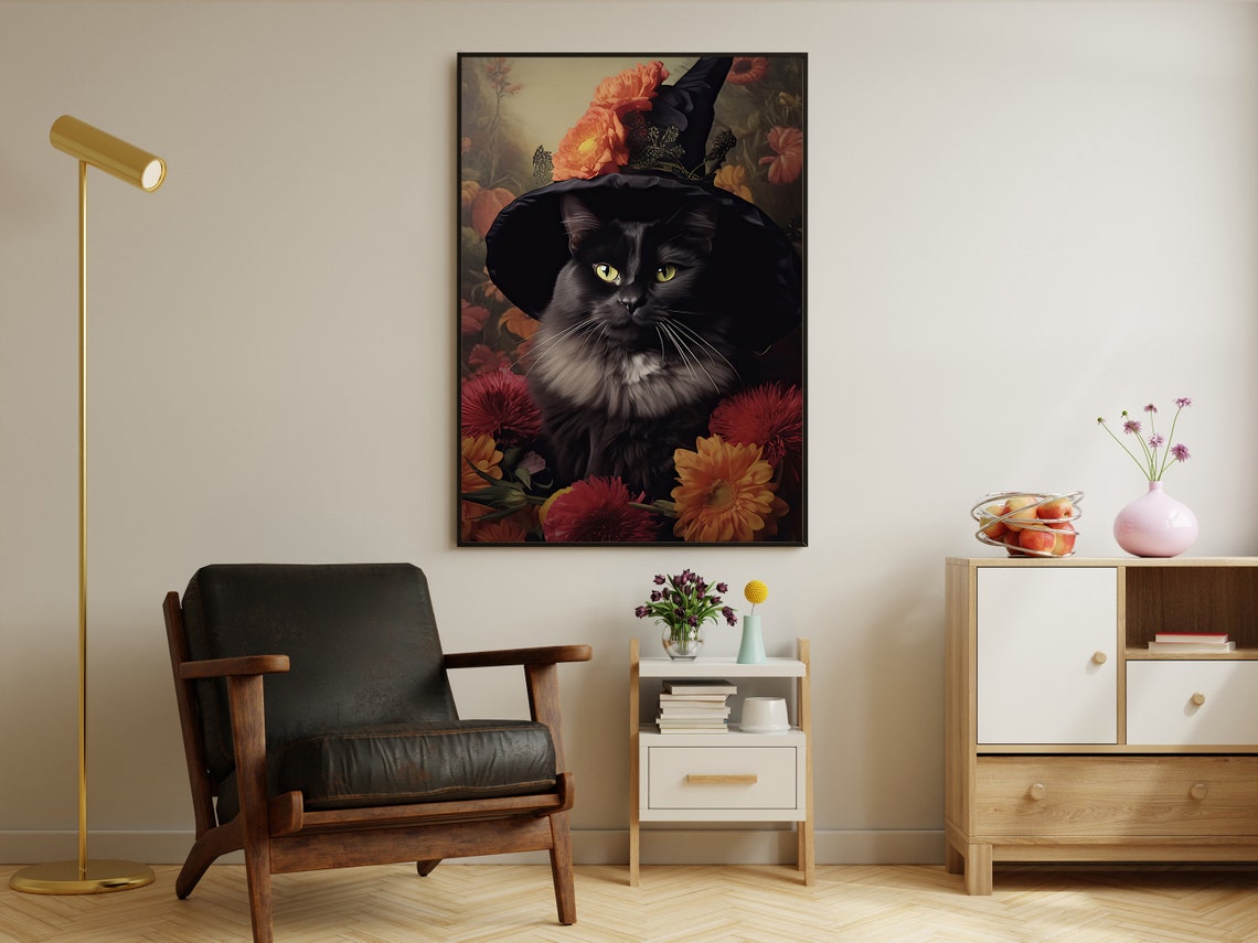 Black Cat In Witch Hat Among Autumn Flowers Portrait Art Print - Image 2