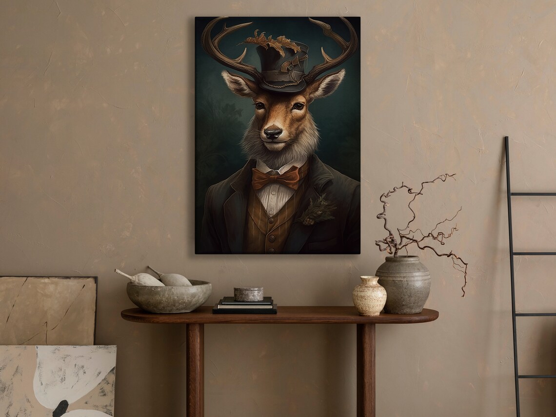 Victorian Gentleman Stag Portrait Top Hat Bow Tie Suit Dark Academia Print - Image 2