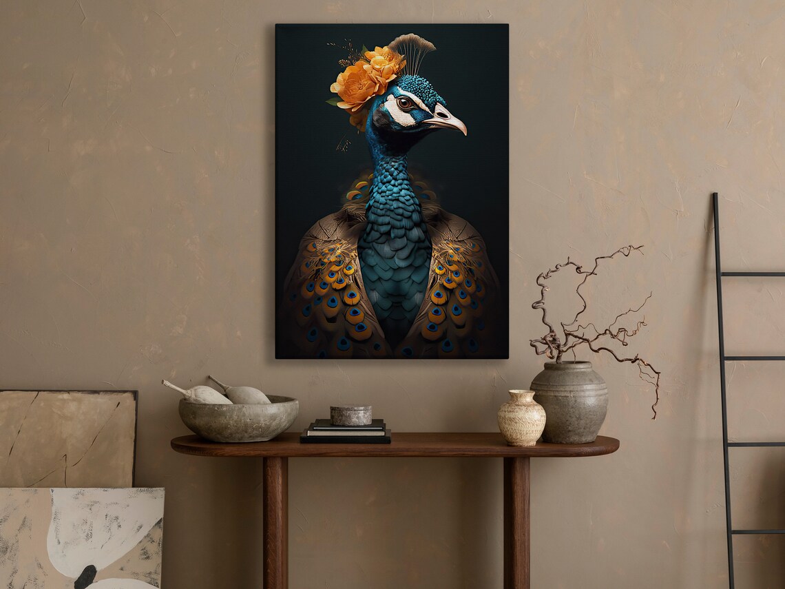 Regal Peacock Portrait With Orange Rose Crown Dark Elegant Animal Poster - Image 4