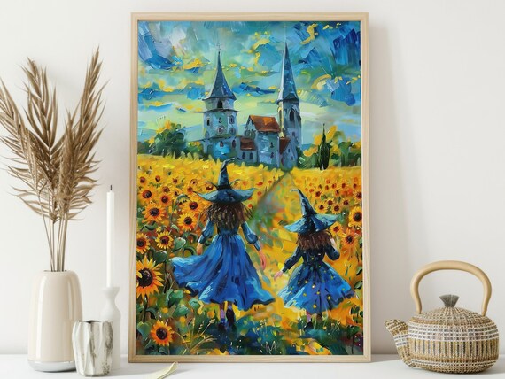 Two Young Witches Sunflower Field Castle Impressionist Halloween Whimsical Art Poster