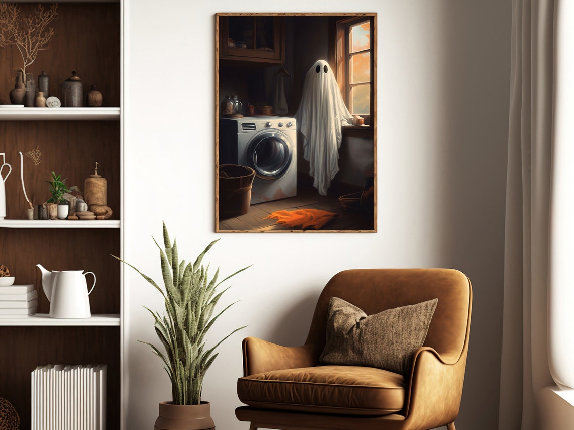 Cheerful Little Ghost Standing By The Washing Machine At Home Poster - Image 4