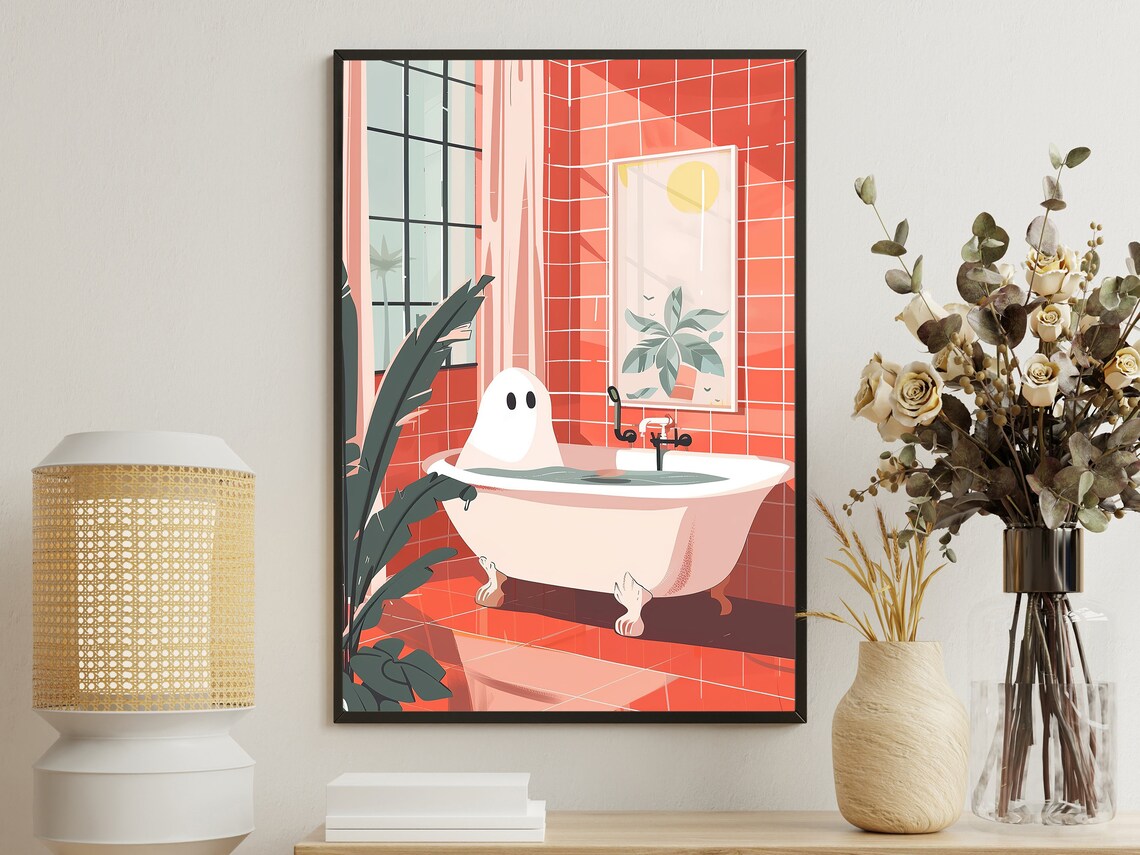 Vintage Ghost In Bath, Cute Halloween Poster Print