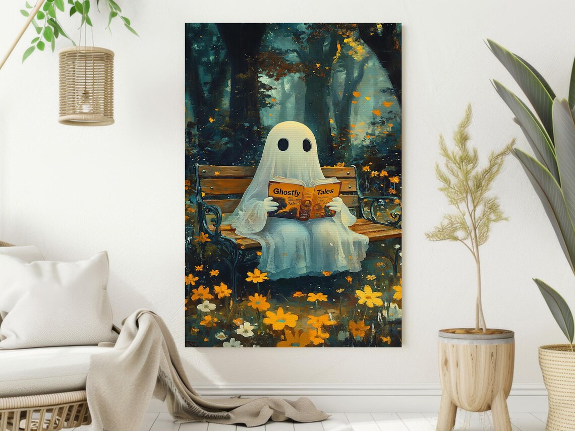 Vintage Ghost Reading Book Halloween Art Print - Image 2
