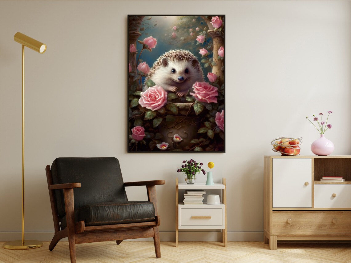 Hedgehog Nestled Among Pink Roses Vintage Cottage Animal Art Poster - Image 2