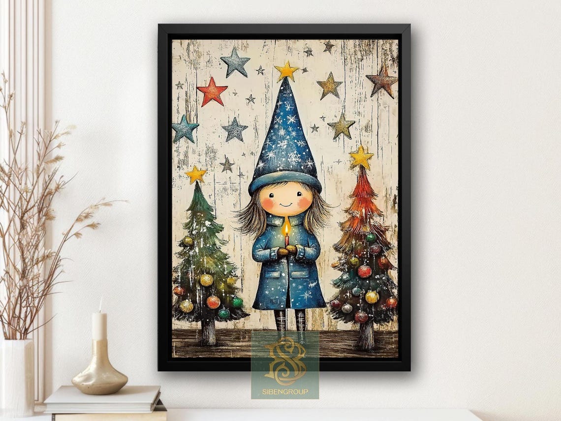 Cute Folk Girl Christmas Candle Starry Night Trees Illustration Poster