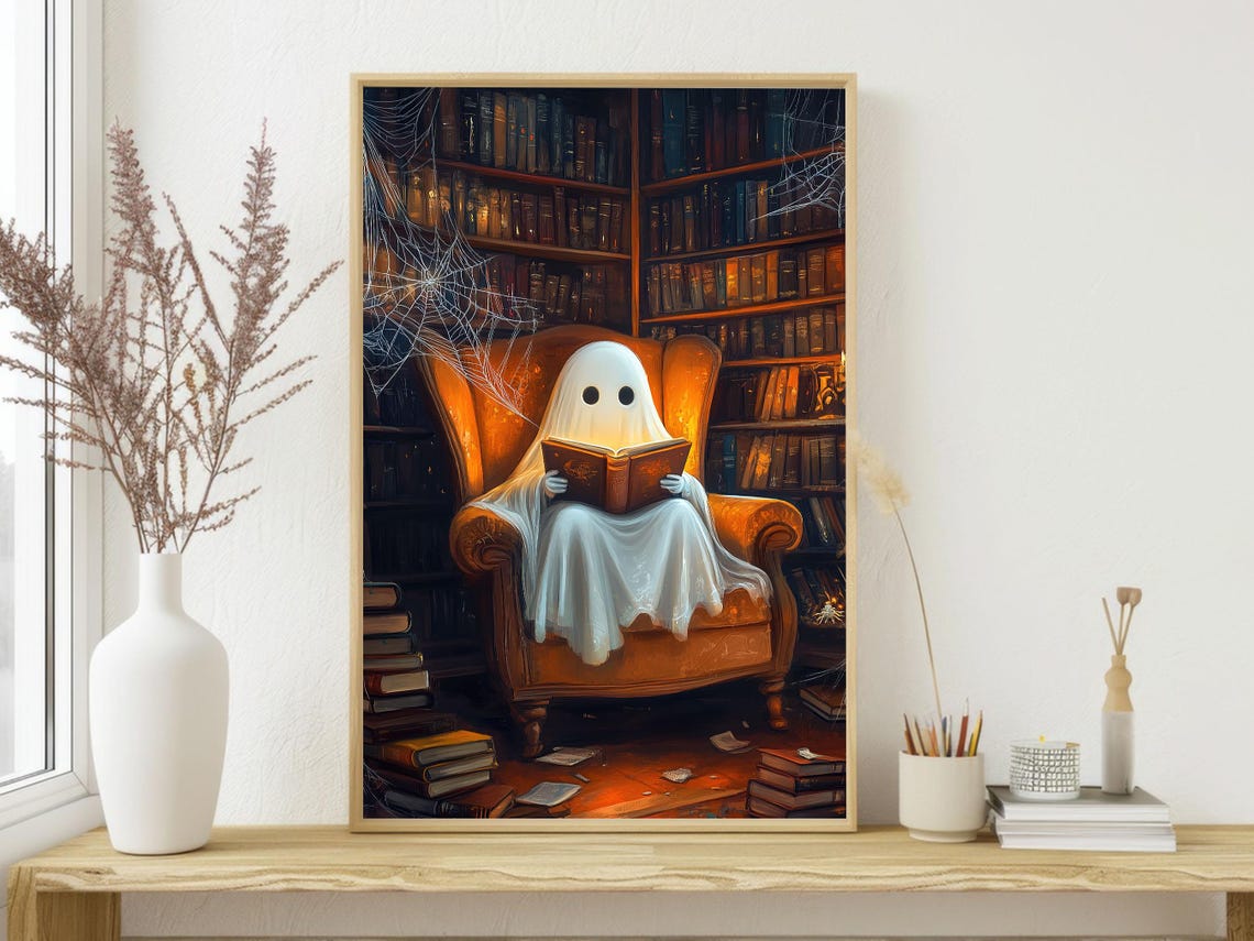 Cute Ghost Reading A Book In Spooky Library Armchair Art Print - Image 4